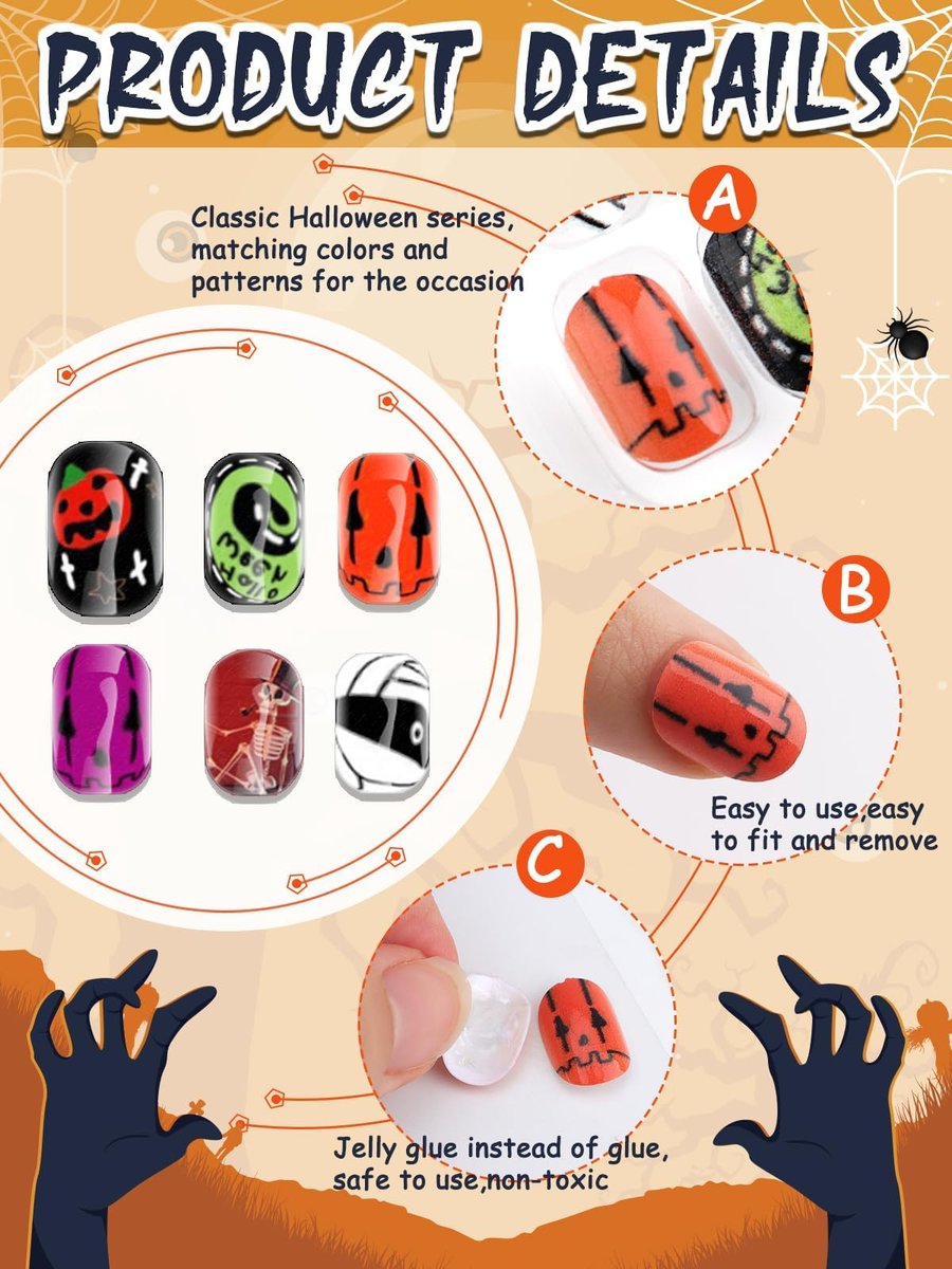 Kalolary 144 Pcs Halloween Press on Nails for Kids - Short Acrylic Fake Nails with Skull, Spider, Pumpkin & Ghost Patterns - görsel 7