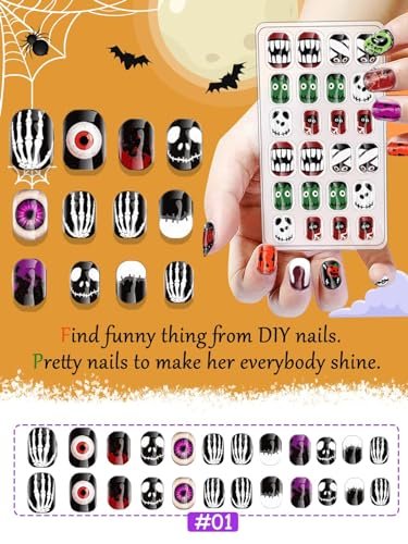 Kalolary 144 Pcs Halloween Press on Nails for Kids - Short Acrylic Fake Nails with Skull, Spider, Pumpkin & Ghost Patterns - görsel 4