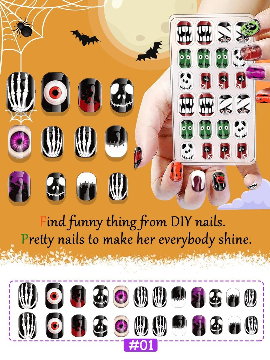 Kalolary 144 Pcs Halloween Press on Nails for Kids - Short Acrylic Fake Nails with Skull, Spider, Pumpkin & Ghost Patterns - görsel 3