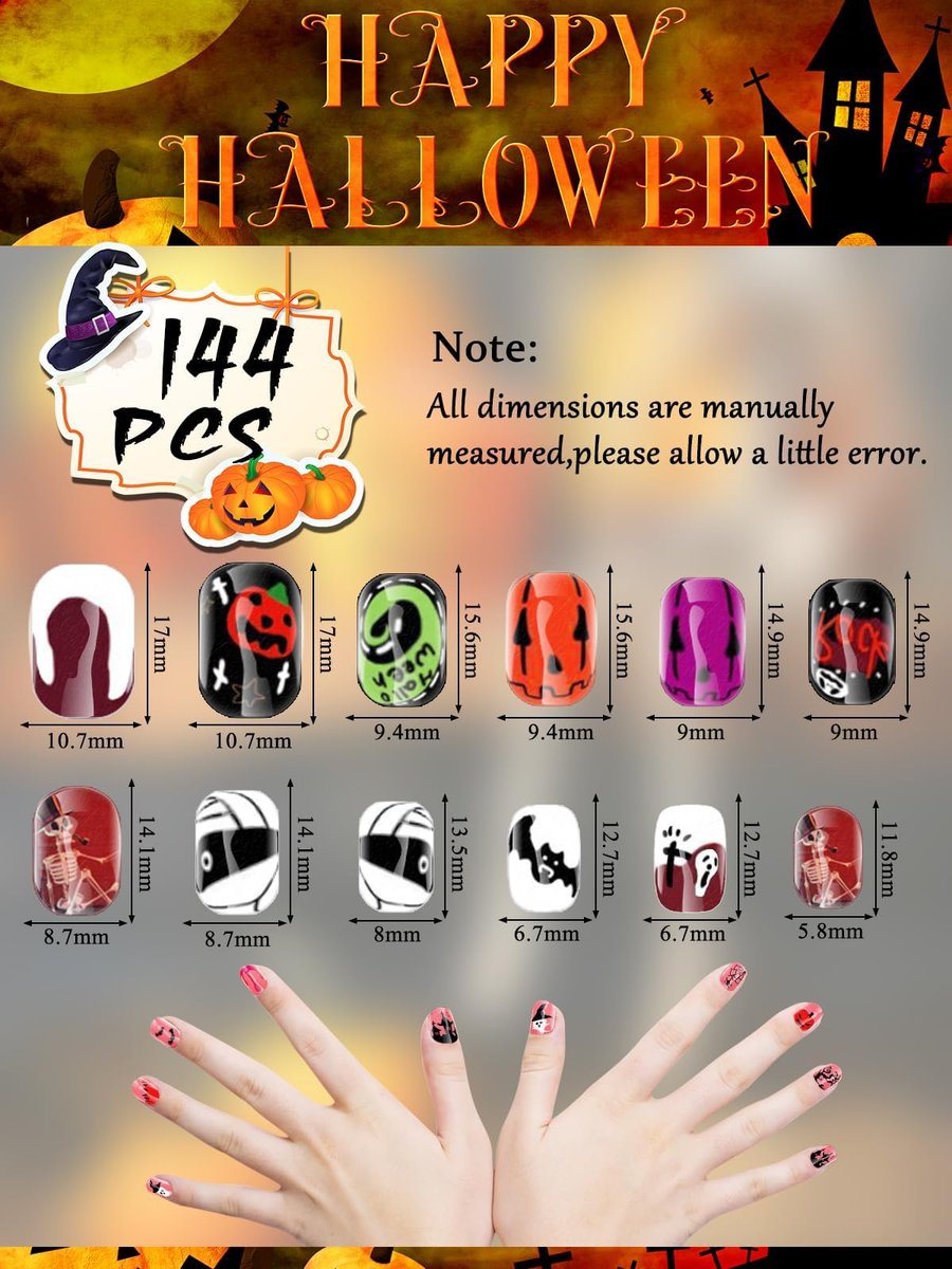 Kalolary 144 Pcs Halloween Press on Nails for Kids - Short Acrylic Fake Nails with Skull, Spider, Pumpkin & Ghost Patterns - görsel 9