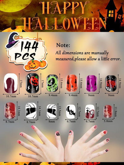 Kalolary 144 Pcs Halloween Press on Nails for Kids - Short Acrylic Fake Nails with Skull, Spider, Pumpkin & Ghost Patterns