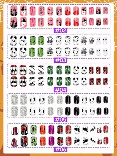 Kalolary 144 Pcs Halloween Press on Nails for Kids - Short Acrylic Fake Nails with Skull, Spider, Pumpkin & Ghost Patterns - görsel 6