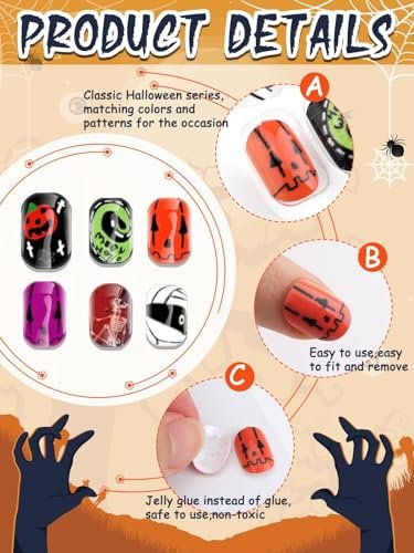 Kalolary 144 Pcs Halloween Press on Nails for Kids - Short Acrylic Fake Nails with Skull, Spider, Pumpkin & Ghost Patterns - görsel 8