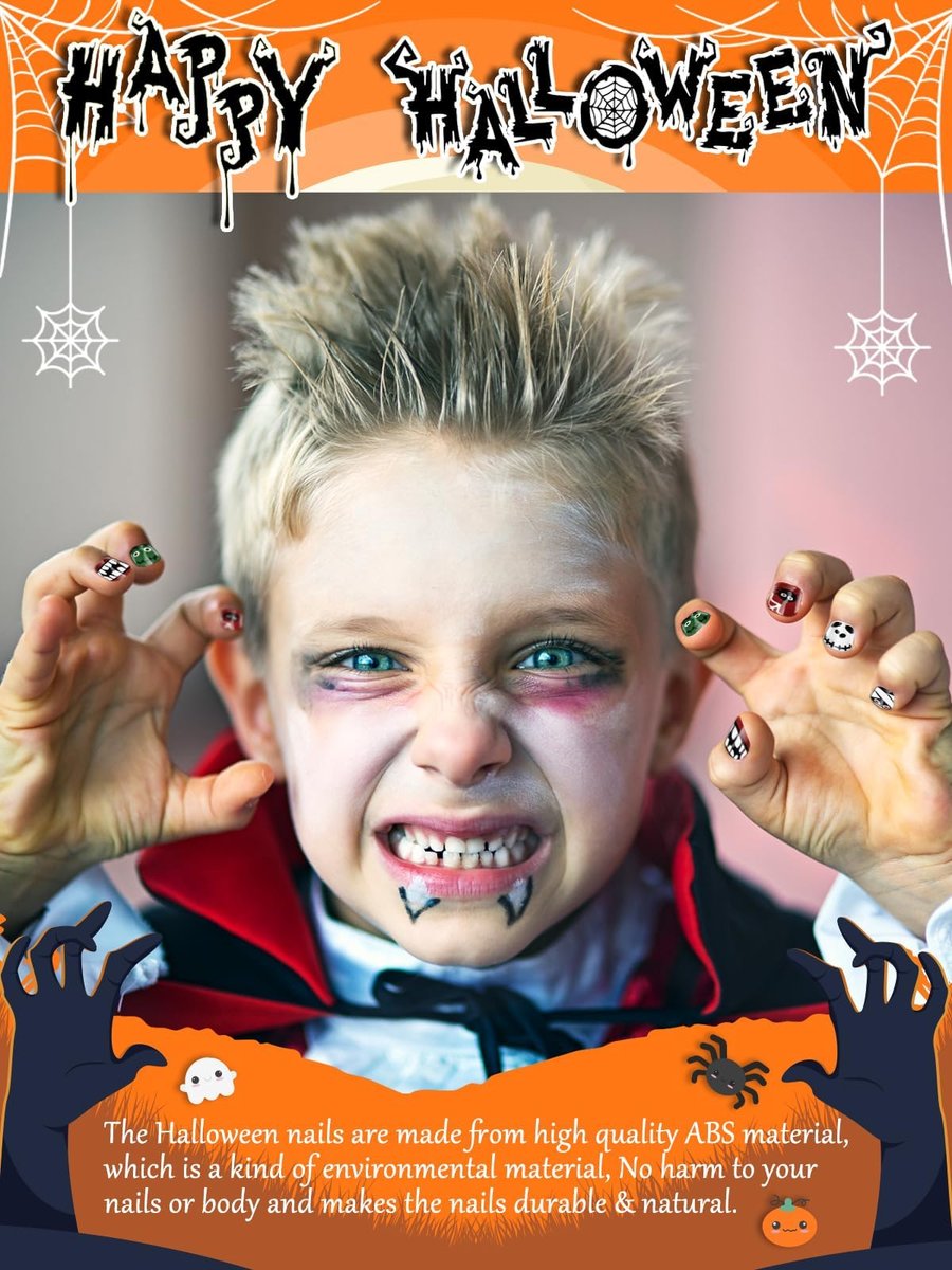 Kalolary 144 Pcs Halloween Press on Nails for Kids - Short Acrylic Fake Nails with Skull, Spider, Pumpkin & Ghost Patterns - görsel 11