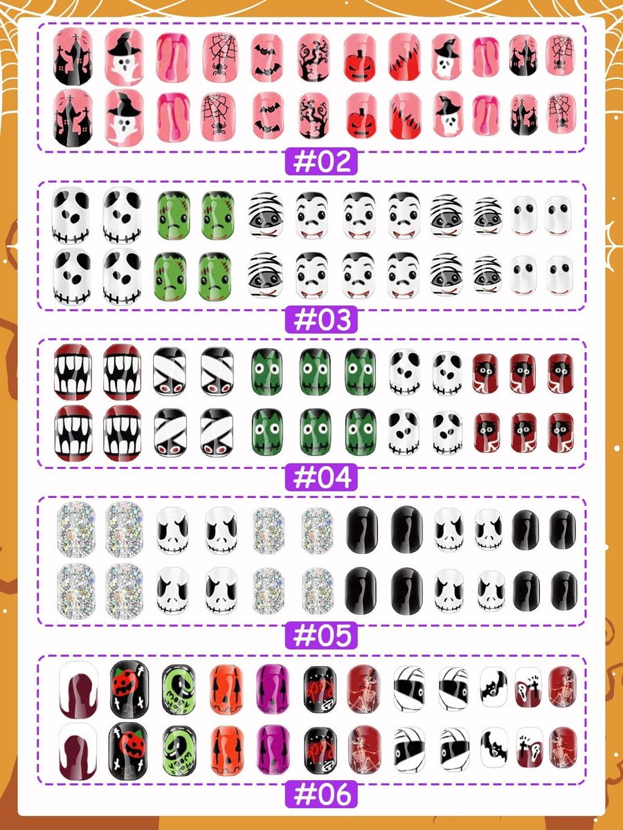 Kalolary 144 Pcs Halloween Press on Nails for Kids - Short Acrylic Fake Nails with Skull, Spider, Pumpkin & Ghost Patterns - görsel 5