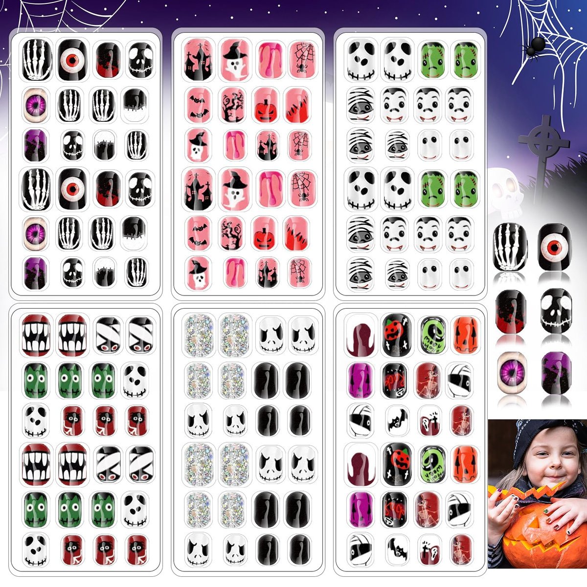 Kalolary 144 Pcs Halloween Press on Nails for Kids - Short Acrylic Fake Nails with Skull, Spider, Pumpkin & Ghost Patterns - görsel 1