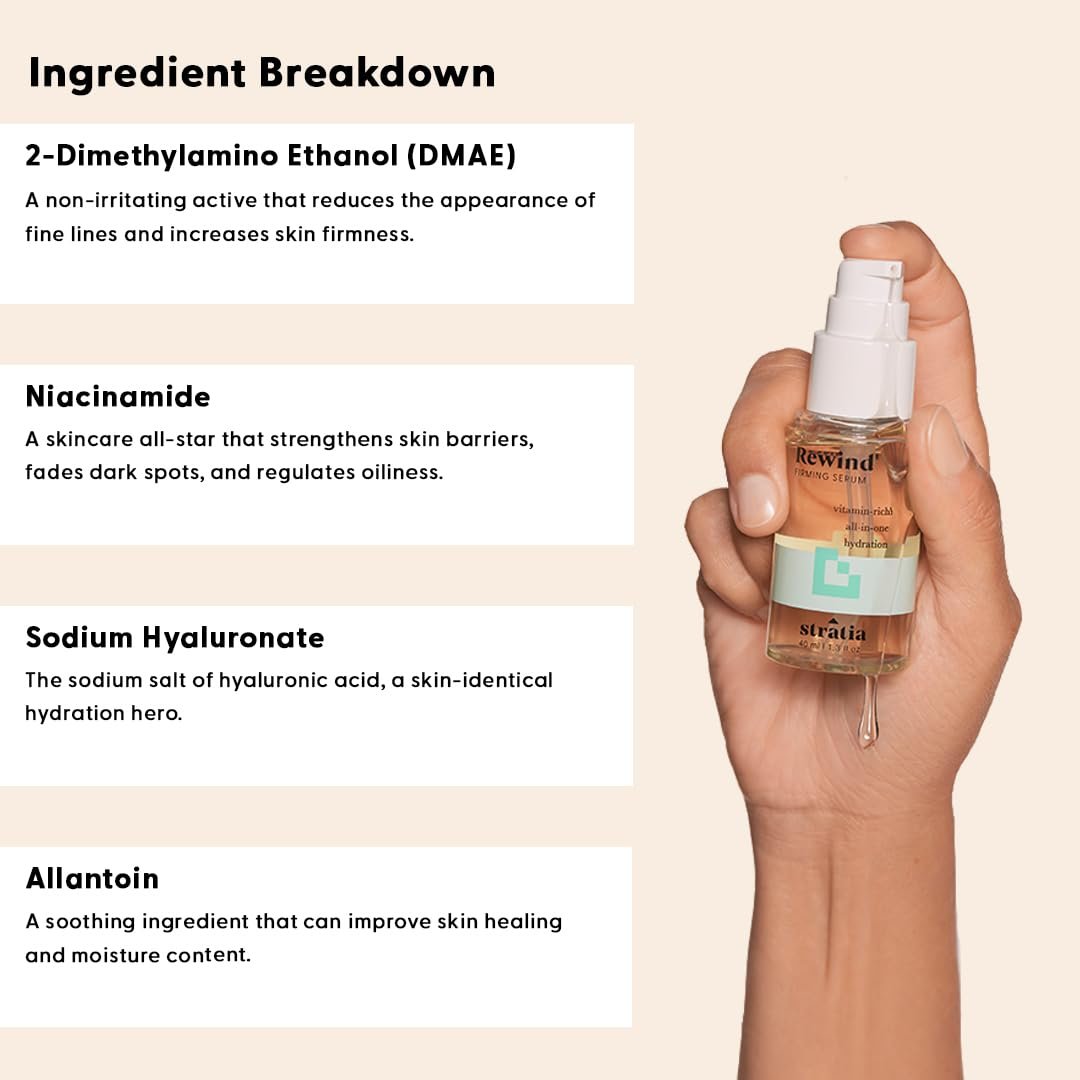 Stratia Rewind Firming & Hydrating Serum with Hyaluronic Acid & Niacinamide - DMAE for Smooth, Plump Skin, 1.3 Fl Oz Avelisse