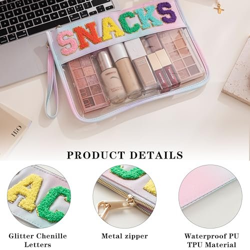 HBselect 3-Piece Chenille Letter Clear Travel Zipper Pouch Set - Waterproof PU Makeup Bag, Preppy Cosmetic Toiletry Organizer for Women & Girls - görsel 6