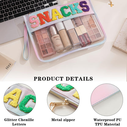 HBselect 3-Piece Chenille Letter Clear Travel Zipper Pouch Set - Waterproof PU Makeup Bag, Preppy Cosmetic Toiletry Organizer for Women & Girls