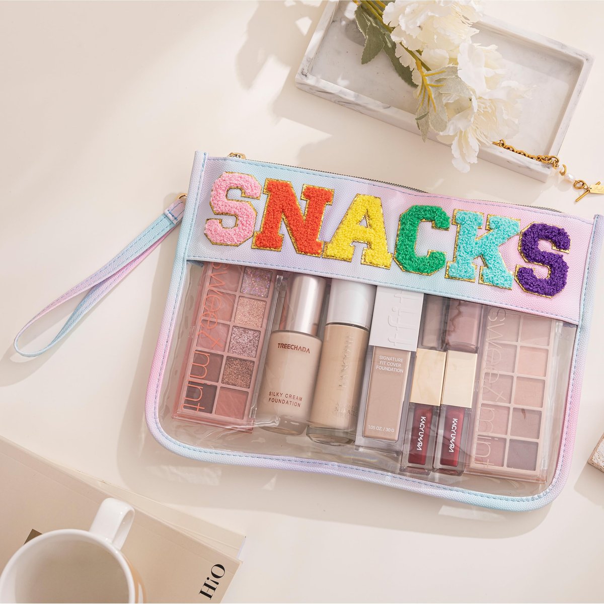 HBselect 3-Piece Chenille Letter Clear Travel Zipper Pouch Set - Waterproof PU Makeup Bag, Preppy Cosmetic Toiletry Organizer for Women & Girls - görsel 7