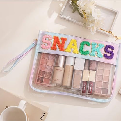 HBselect 3-Piece Chenille Letter Clear Travel Zipper Pouch Set - Waterproof PU Makeup Bag, Preppy Cosmetic Toiletry Organizer for Women & Girls