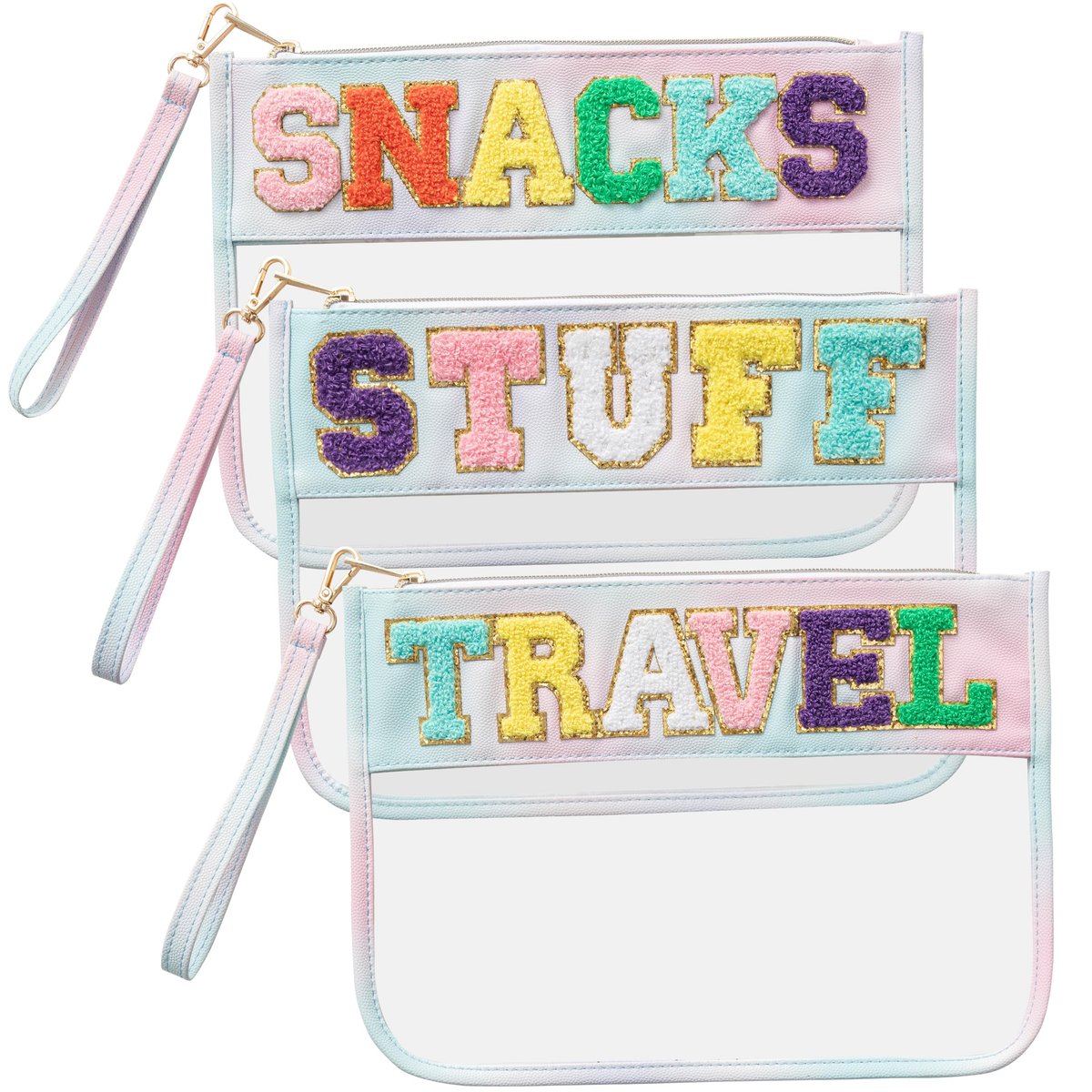 HBselect 3-Piece Chenille Letter Clear Travel Zipper Pouch Set - Waterproof PU Makeup Bag, Preppy Cosmetic Toiletry Organizer for Women & Girls - görsel 1