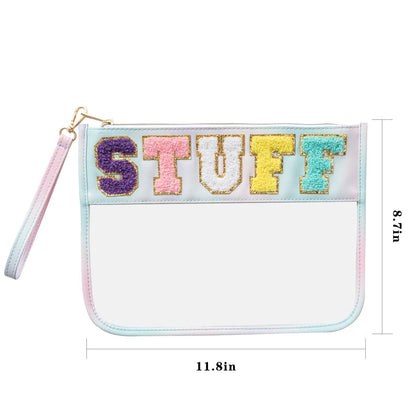 HBselect 3-Piece Chenille Letter Clear Travel Zipper Pouch Set - Waterproof PU Makeup Bag, Preppy Cosmetic Toiletry Organizer for Women & Girls