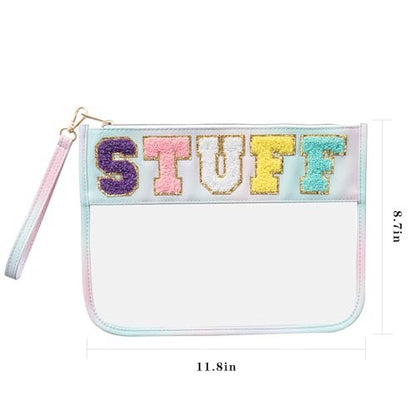 HBselect 3-Piece Chenille Letter Clear Travel Zipper Pouch Set - Waterproof PU Makeup Bag, Preppy Cosmetic Toiletry Organizer for Women & Girls