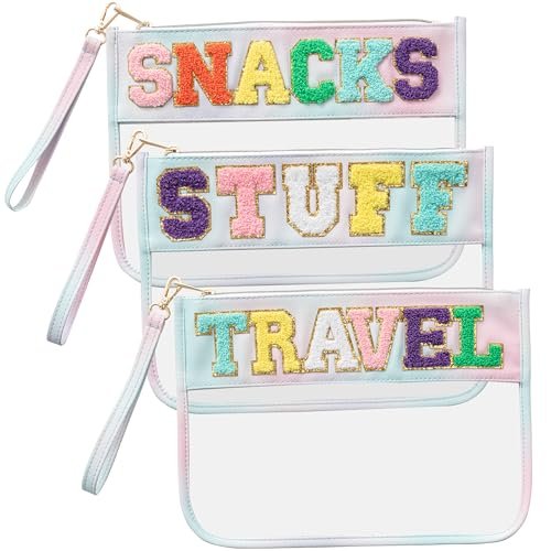 HBselect 3-Piece Chenille Letter Clear Travel Zipper Pouch Set - Waterproof PU Makeup Bag, Preppy Cosmetic Toiletry Organizer for Women & Girls - görsel 2