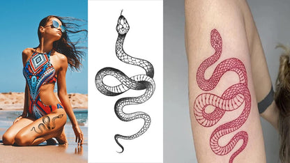 Big Size Realistic Snake & Spider Temporary Tattoo Stickers - 3 Pack (1 Black Snake, 1 Red Snake, 1 Random Spider) Waterproof Fake Tattoos for Women Men