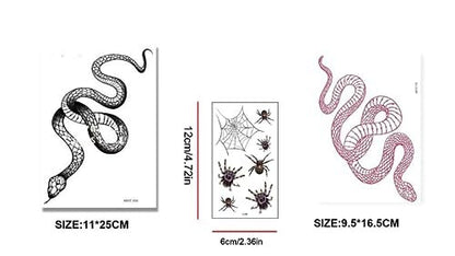 Big Size Realistic Snake & Spider Temporary Tattoo Stickers - 3 Pack (1 Black Snake, 1 Red Snake, 1 Random Spider) Waterproof Fake Tattoos for Women Men