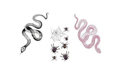 Big Size Realistic Snake & Spider Temporary Tattoo Stickers - 3 Pack (1 Black Snake, 1 Red Snake, 1 Random Spider) Waterproof Fake Tattoos for Women Men