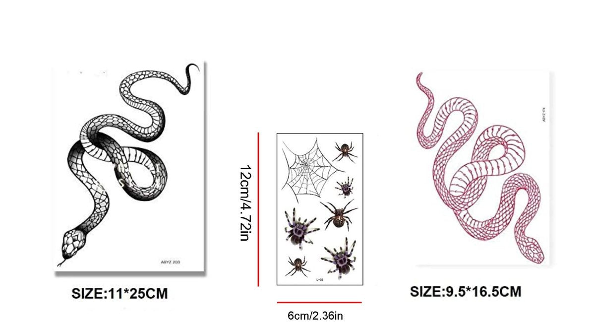 Big Size Realistic Snake & Spider Temporary Tattoo Stickers - 3 Pack (1 Black Snake, 1 Red Snake, 1 Random Spider) Waterproof Fake Tattoos for Women Men - görsel 3