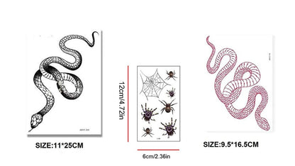 Big Size Realistic Snake & Spider Temporary Tattoo Stickers - 3 Pack (1 Black Snake, 1 Red Snake, 1 Random Spider) Waterproof Fake Tattoos for Women Men