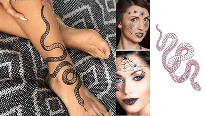 Big Size Realistic Snake & Spider Temporary Tattoo Stickers - 3 Pack (1 Black Snake, 1 Red Snake, 1 Random Spider) Waterproof Fake Tattoos for Women Men