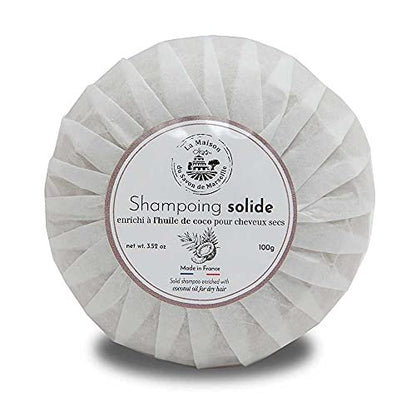 Maison du Savon de Marseille Solid Shampoo Bar with Coconut Oil for Dry Hair - 100g with Travel Soap Holder