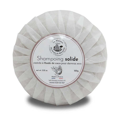 Maison du Savon de Marseille Solid Shampoo Bar with Coconut Oil for Dry Hair - 100g with Travel Soap Holder