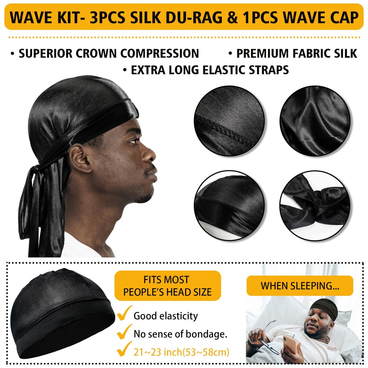 Wave Pomade for Men Strong Hold Easy Wash Hair Cream Grease, Promotes Layered Waves, Moisture, Shine, Brush and Durag Cap Set Avelisse