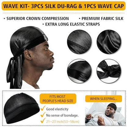 Wave Pomade for Men Strong Hold Easy Wash Hair Cream Grease, Promotes Layered Waves, Moisture, Shine, Brush and Durag Cap Set Avelisse