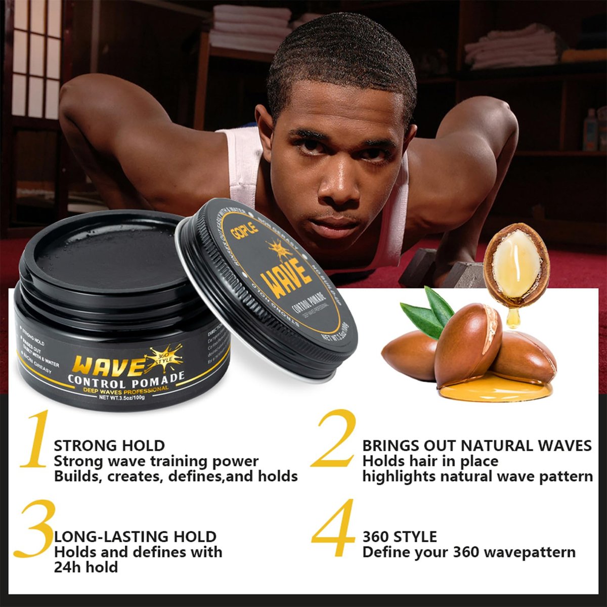 Wave Pomade for Men Strong Hold Easy Wash Hair Cream Grease, Promotes Layered Waves, Moisture, Shine, Brush and Durag Cap Set Avelisse