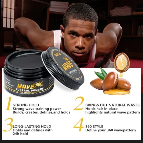 Wave Pomade for Men Strong Hold Easy Wash Hair Cream Grease, Promotes Layered Waves, Moisture, Shine, Brush and Durag Cap Set Avelisse