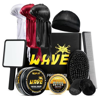 Wave Pomade for Men Strong Hold Easy Wash Hair Cream Grease, Promotes Layered Waves, Moisture, Shine, Brush and Durag Cap Set Avelisse