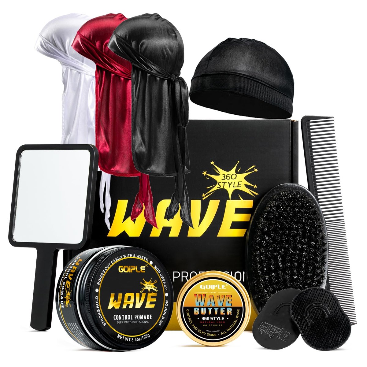 Wave Pomade for Men Strong Hold Easy Wash Hair Cream Grease, Promotes Layered Waves, Moisture, Shine, Brush and Durag Cap Set Avelisse