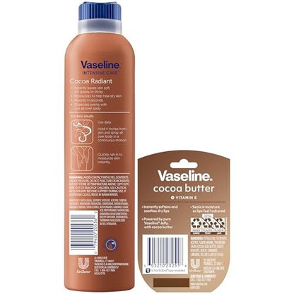 Vaseline Cocoa Radiant Spray Body Lotion 2-Pack + Mini Lip Therapy – Soft, Glowing Skin & Lips Avelisse