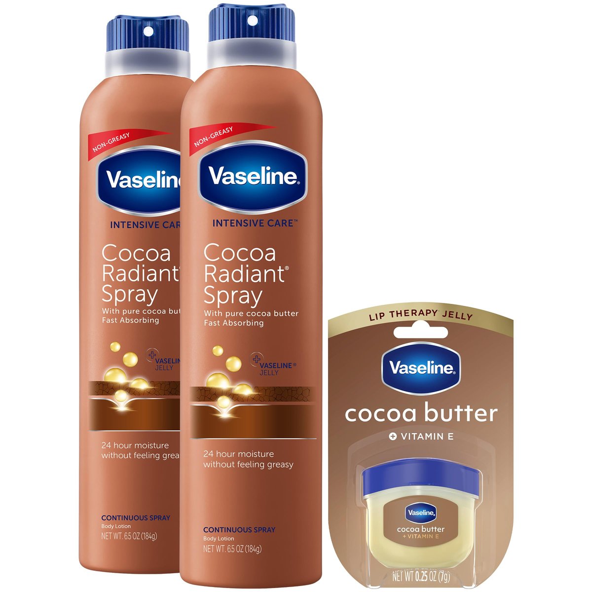 Vaseline Cocoa Radiant Spray Body Lotion 2-Pack + Mini Lip Therapy – Soft, Glowing Skin & Lips Avelisse