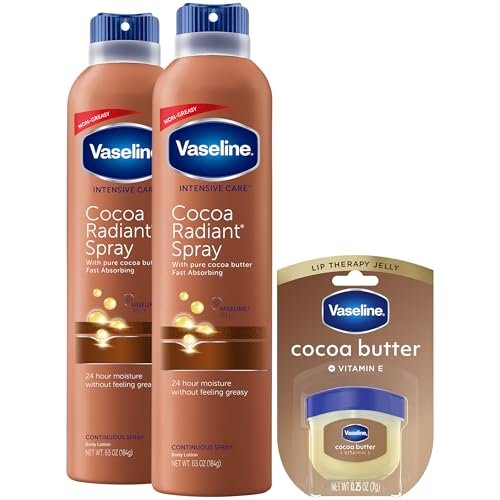 Vaseline Cocoa Radiant Spray Body Lotion 2-Pack + Mini Lip Therapy – Soft, Glowing Skin & Lips Avelisse