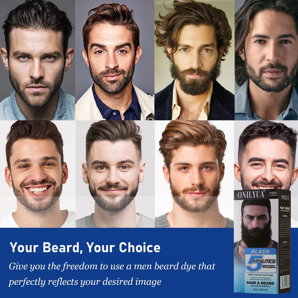 Men's Long-Lasting Black Hair Dye & Root Touch Up for Gray Coverage - 5 Minute Natural Beard & Mustache Coloring Shampoo 3-in-1 Avelisse