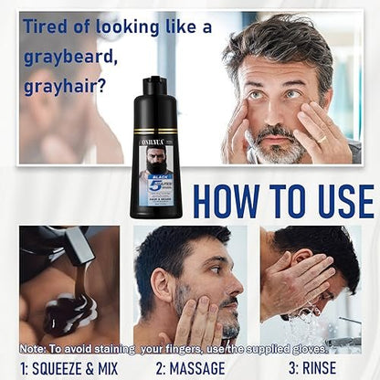 Men's Long-Lasting Black Hair Dye & Root Touch Up for Gray Coverage - 5 Minute Natural Beard & Mustache Coloring Shampoo 3-in-1 Avelisse