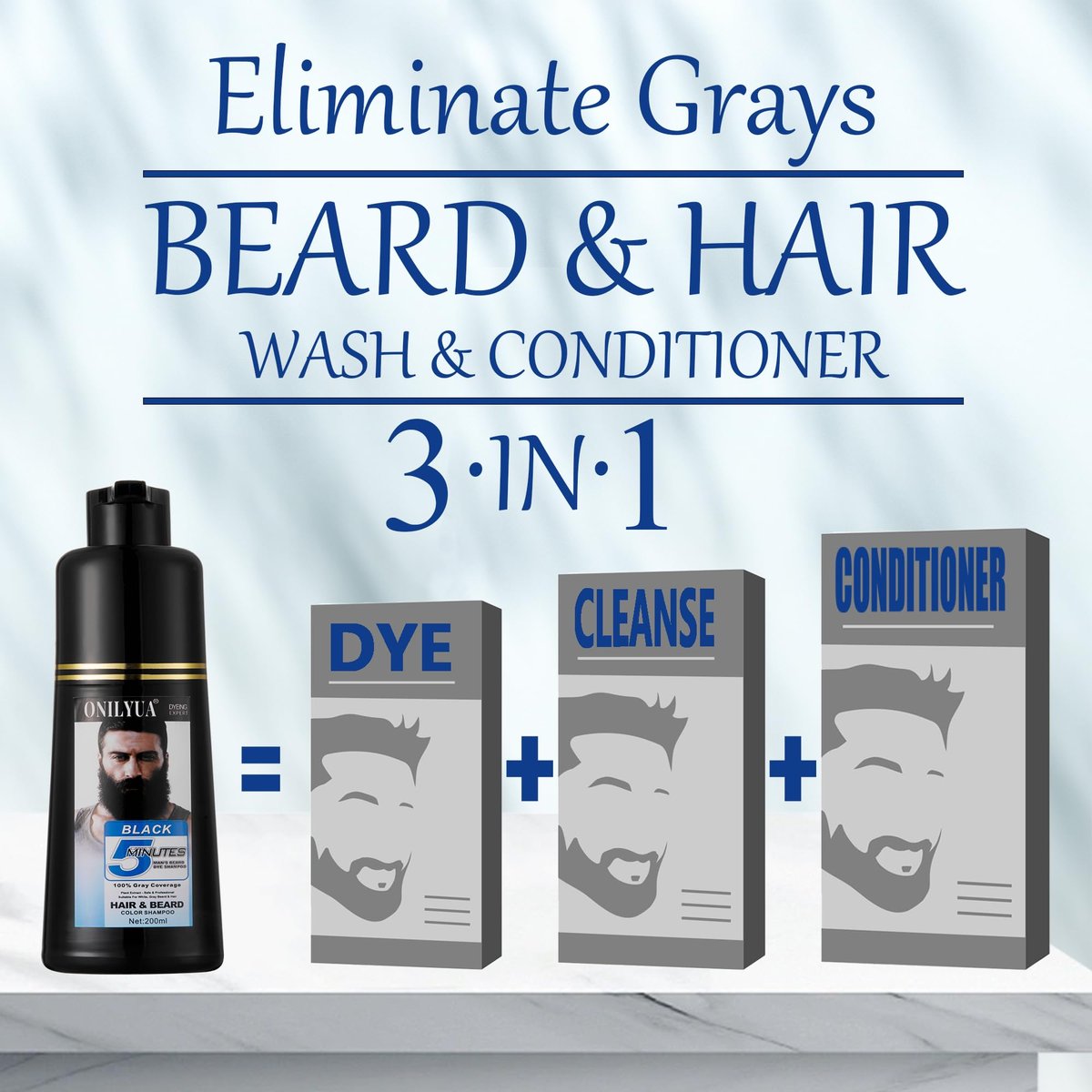 Men's Long-Lasting Black Hair Dye & Root Touch Up for Gray Coverage - 5 Minute Natural Beard & Mustache Coloring Shampoo 3-in-1 Avelisse
