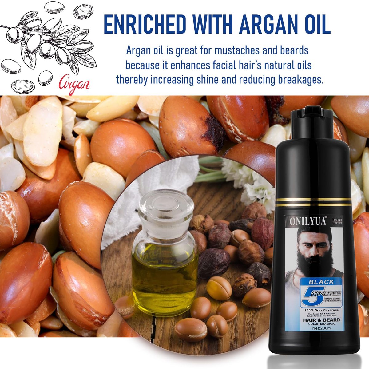 Men's Long-Lasting Black Hair Dye & Root Touch Up for Gray Coverage - 5 Minute Natural Beard & Mustache Coloring Shampoo 3-in-1 Avelisse