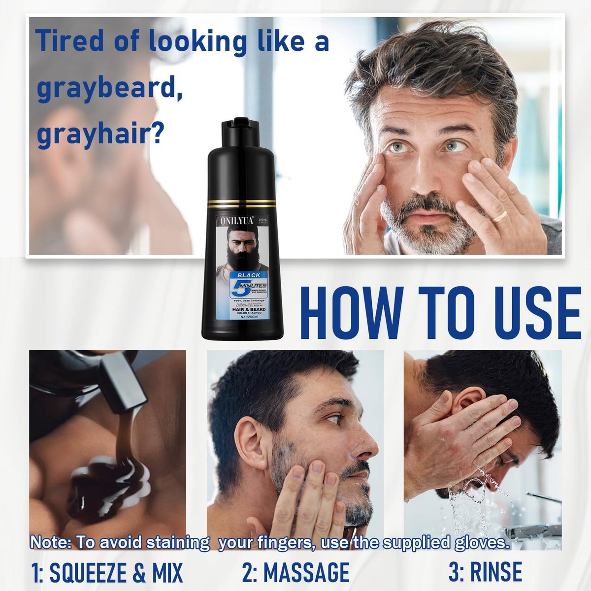 Men's Long-Lasting Black Hair Dye & Root Touch Up for Gray Coverage - 5 Minute Natural Beard & Mustache Coloring Shampoo 3-in-1 Avelisse
