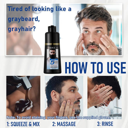 Men's Long-Lasting Black Hair Dye & Root Touch Up for Gray Coverage - 5 Minute Natural Beard & Mustache Coloring Shampoo 3-in-1 Avelisse