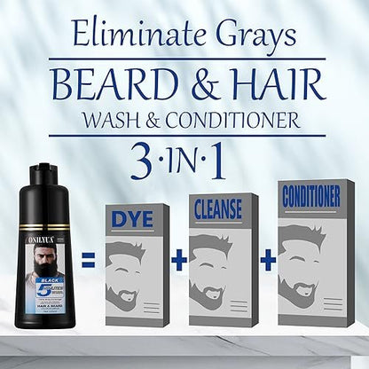 Men's Long-Lasting Black Hair Dye & Root Touch Up for Gray Coverage - 5 Minute Natural Beard & Mustache Coloring Shampoo 3-in-1 Avelisse