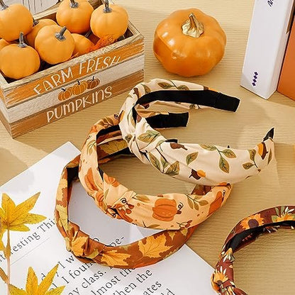 Whaline Fall Knotted Headbands Set - 4 Pack Maple Leaves, Pumpkin, Sunflower, Acorn Hair Hoops for Autumn Harvest Thanksgiving