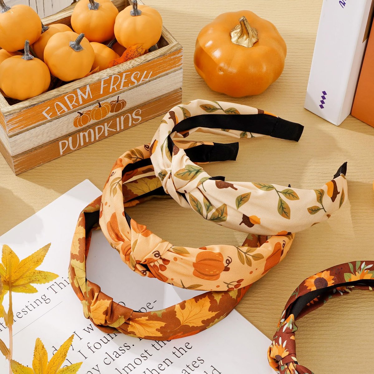 Whaline Fall Knotted Headbands Set - 4 Pack Maple Leaves, Pumpkin, Sunflower, Acorn Hair Hoops for Autumn Harvest Thanksgiving - görsel 7