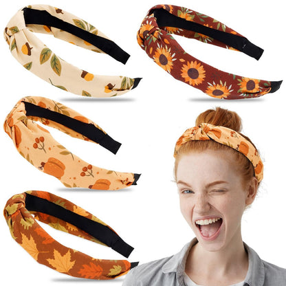 Whaline Fall Knotted Headbands Set - 4 Pack Maple Leaves, Pumpkin, Sunflower, Acorn Hair Hoops for Autumn Harvest Thanksgiving