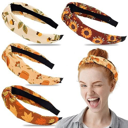 Whaline Fall Knotted Headbands Set - 4 Pack Maple Leaves, Pumpkin, Sunflower, Acorn Hair Hoops for Autumn Harvest Thanksgiving