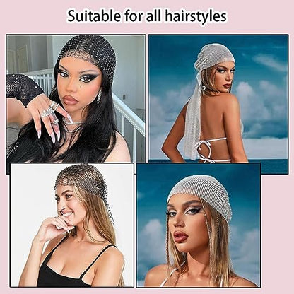 Ainvhh Rhinestone Mesh Headbands for Women – Sparkly Crystal Nightclub Hair Accessories, Stretchy Headwraps, Rave Barrettes, Glitter Hollow Out Hairbands (Pack of 2)