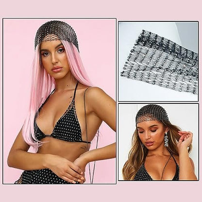 Ainvhh Rhinestone Mesh Headbands for Women – Sparkly Crystal Nightclub Hair Accessories, Stretchy Headwraps, Rave Barrettes, Glitter Hollow Out Hairbands (Pack of 2)