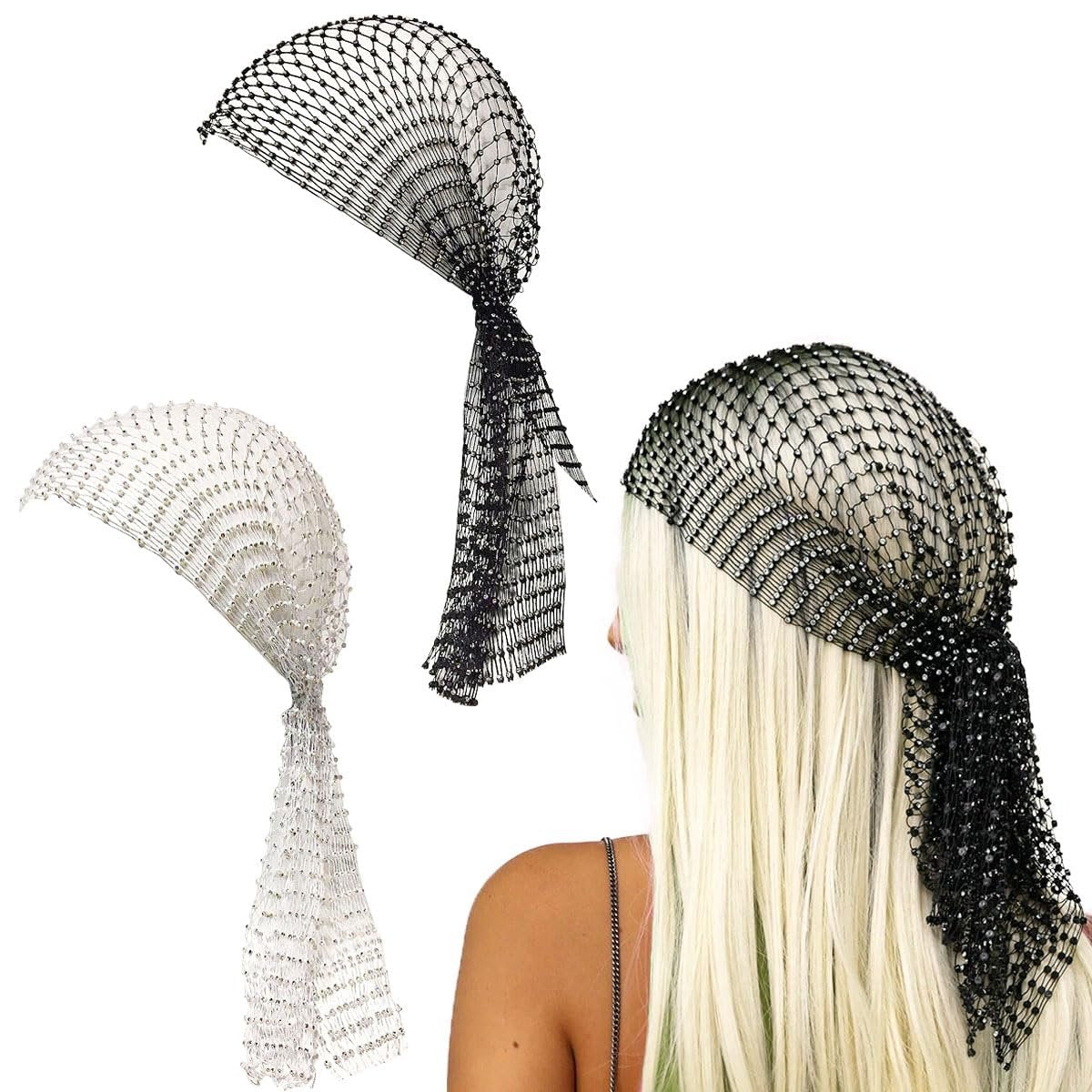 Ainvhh Rhinestone Mesh Headbands for Women – Sparkly Crystal Nightclub Hair Accessories, Stretchy Headwraps, Rave Barrettes, Glitter Hollow Out Hairbands (Pack of 2) - görsel 1